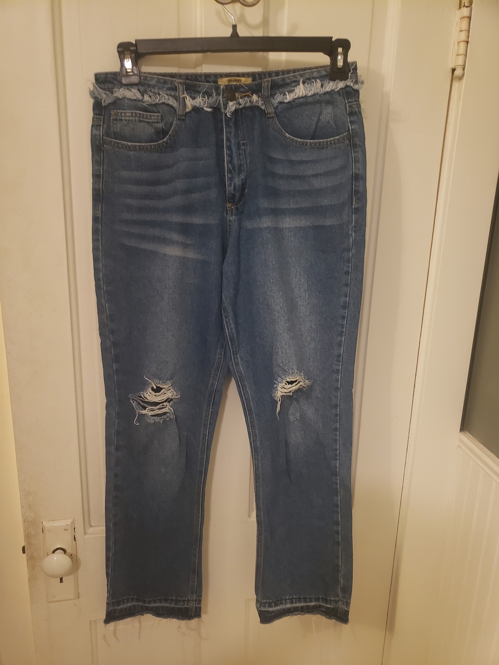 Frayed Waist Distressed Boyfriend Jeans - Blue